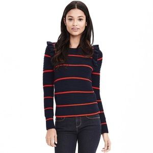 Women's Blue Striped Ruffle Pullover Sweater